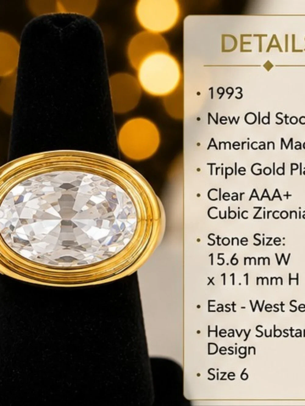 Vintage 1993 AAA+ CZ Ring 18K Triple Gold Plated East West Size 6